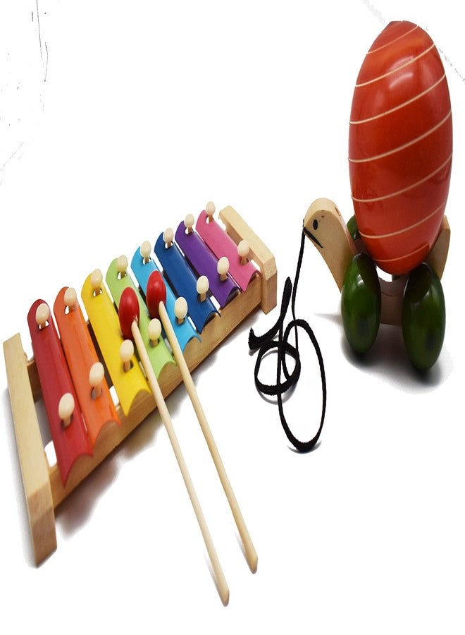 JustHandmade Wooden Xylophone with 8 Notes | Tortoise Pull Along Toy for Kids, Colors May Vary(Combo of 2) - Image 1